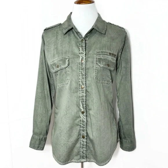 Rails Studded Distressed Green Snap Button Long Sleeve Utility Shacket Shirt - Picture 7 of 10